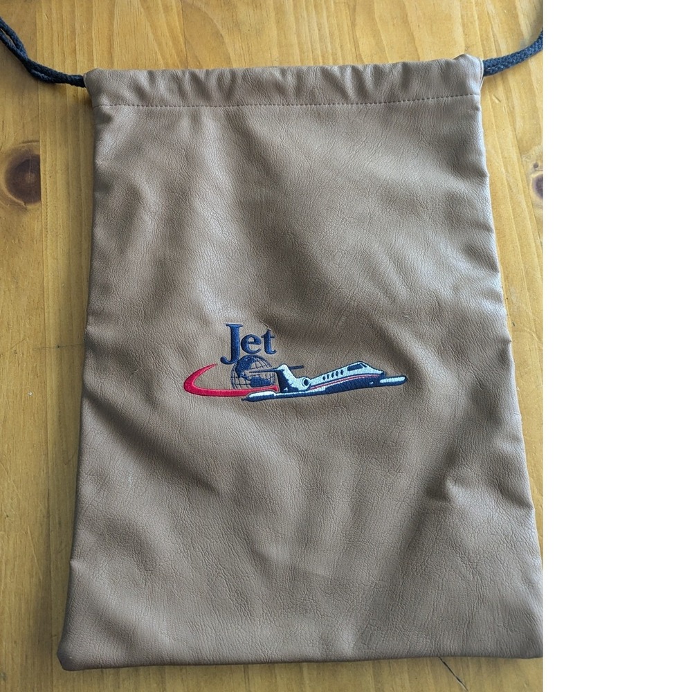 Rare Vintage Aviation Private Jet Embroidered Tan Leather Drawstring Pouch 16x12
